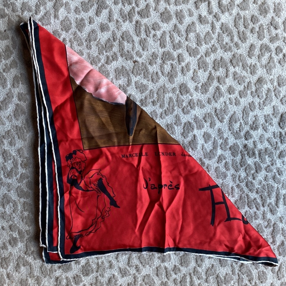Toulouse Lautrec Moulin Rouge Art Themed Red Silk Scarf, 30” square - Picture 10 of 10